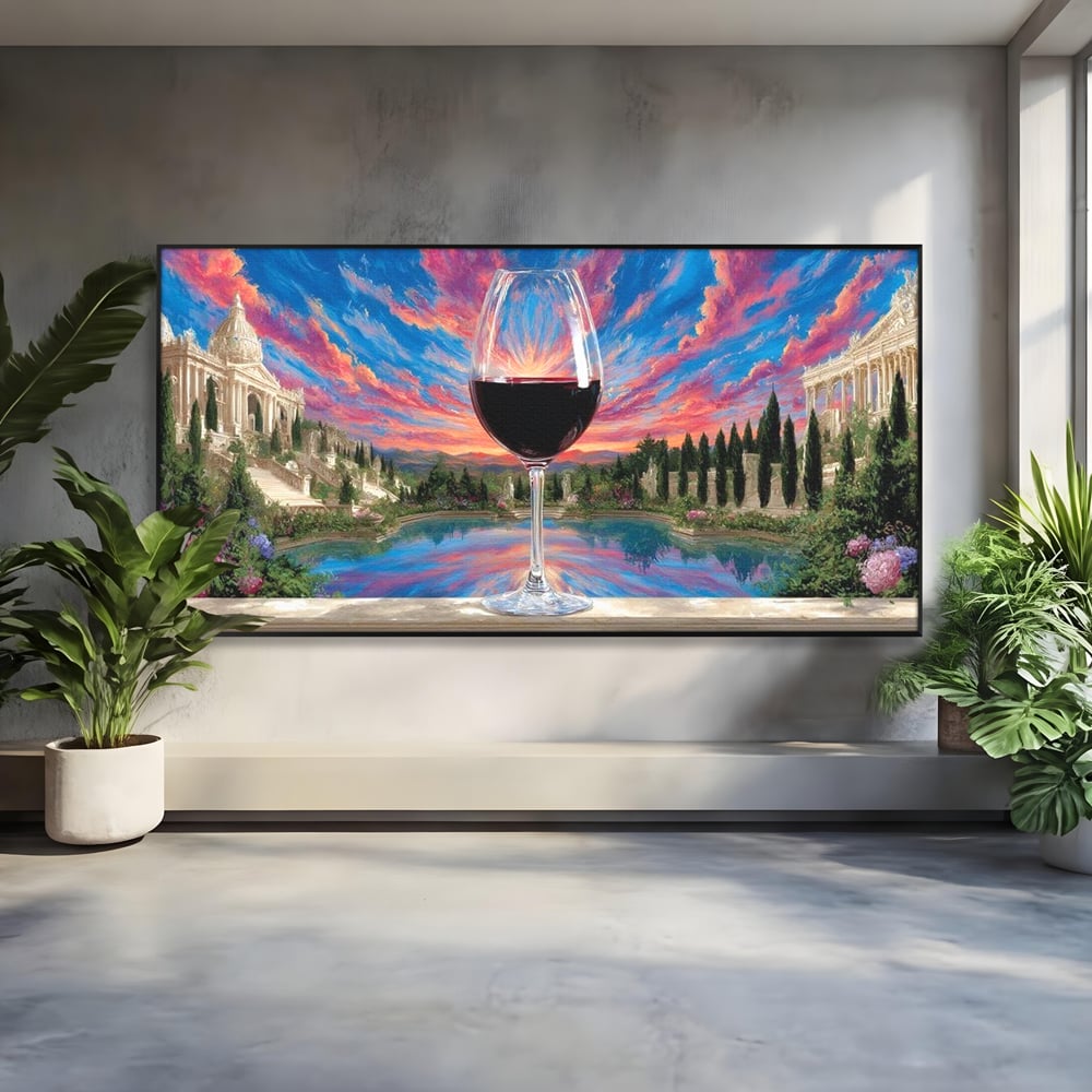 Tablou canvas cu tablou canvas cu pahar de vin si apus, in rama de aluminiu negru
